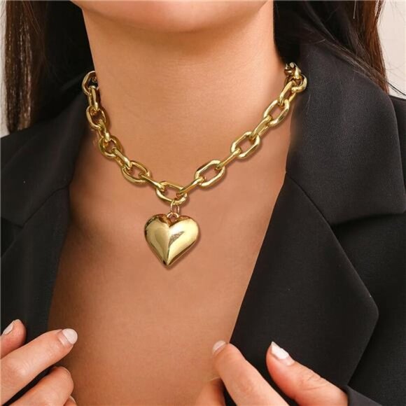 Chunky Heart Necklace Statement Necklace with Big Puffy Heart Gold Tone - Picture 8 of 11